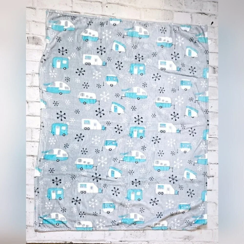 Retro Camper Trailer Fleece Throw Blanket Turquoise RV Cottage Cozy